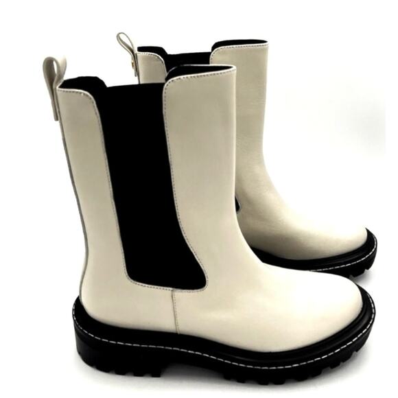 Tory Burch Benton Chelsea Boot Sz 8.5 White Leather Black Lug Platform Sole New - Picture 2 of 10